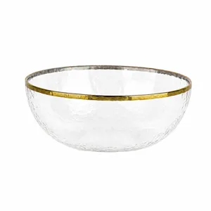 Clear glass salad bowl with gold rim, hammered texture dessert bowl, 16.8cm household tableware