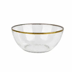 Clear glass salad bowl with gold rim and hammer texture for home kitchen and dining tableware.