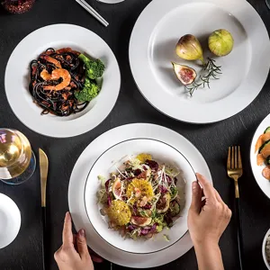 Nordisch Minimalistisch Keramik Geschirr Weiß Schwarzer Rand Essgeschirr Set Schüssel Teller Suppenschüssel Küche Essen Restaurant