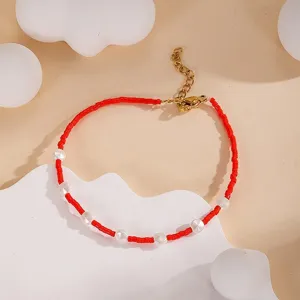 Handmade red seed bead pearl bracelet with gold adjustable extender chain for summer.