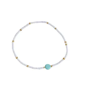 Minimalist Bohemian beaded bracelet with white seed beads and turquoise charm for couple gifts