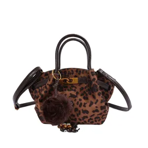 Retro leopard print suede shoulder bag casual versatile tote handbag with plush pom-pom charm