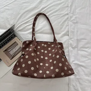 Bolso tote marrón de lunares de lona, vista detallada, bolso casual para uso diario.