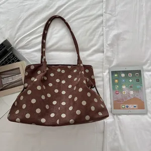 Bolso Tote Marrón de Lunares de Gran Capacidad Bolso de Hombro Casual Estilo Coreano Chic