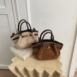 Women Vintage Suede Large Capacity Shoulder Bag With Metal Lock Pom Pom Pendant Fashion Commuting High-End Tote Handbag