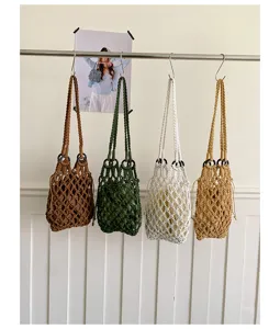 Woven hollow cotton thread handbag, stylish bucket bag, trendy net tote bag, casual daily use.