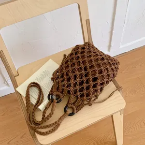 Women Hollow Cotton Thread Woven Bucket Bag Vintage Niche Design Mesh Underarm Handbag With Inner Pouch Casual Beach Shoulder Bag