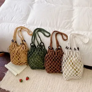 Chic cotton woven bucket bag hollow hobo handbag stylish handmade casual shoulder bag daily