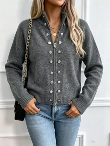 Women Stand Collar Knit Cardigan Sweater Jacket Button Decor Zipper Front Long Sleeve Basic Solid Color Knitted Outerwear Coat
