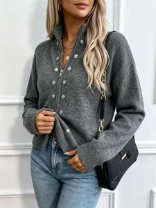 Women grey knit cardigan sweater zip up metal buttons long sleeve casual chic outerwear.