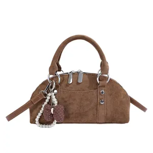 Braune Wildleder Kuppel Umhängetasche mit Perlen Schleife, vielseitige Retro Handtasche für Alltag.