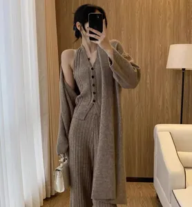 Dames herfst winter gebreid driedelig set cardigan vest broek losse gezellige stijl.