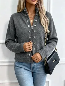Grey knit zip-up cardigan sweater for women with decorative metal buttons detail view.