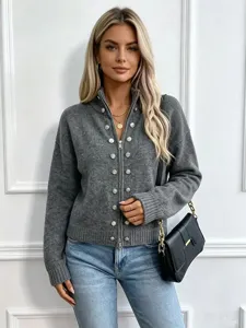 Women's Grey Knit Zip Up Cardigan Sweater with Metal Buttons Casual Long Sleeve Outerwear