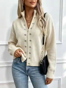 Beige knitted zip cardigan with metal buttons, comfortable stylish women sweater top.