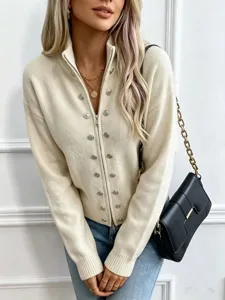 Women's knit zipper cardigan sweater with stylish metal button decoration and cozy high collar.