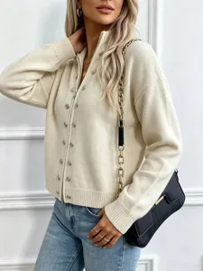 Women's knitted zip cardigan sweater with metal button details and long sleeves for casual wear.