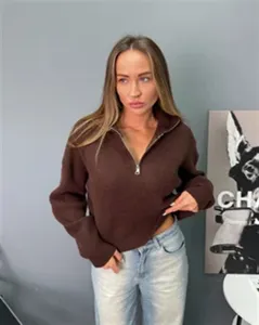 Pull en tricot ample pour femme avec demi-zip haut décontracté à manches longues marron