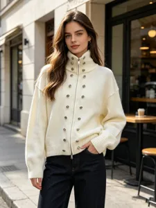 Detailed view of women's knitted zip cardigan with metal buttons and high neck collar style.