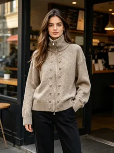 Women Knit Zip Cardigan High Neck Sweater with Metal Button Decoration Casual Outerwear