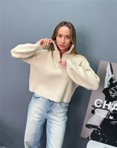 Pull en tricot ample à demi-zip pour femme, haut décontracté à manches longues pour automne et hiver.