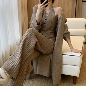 Dames Herfst Winter Gebreid Drie Delig Set Cardigan Top Wijde Broek Casual Chic