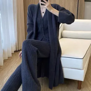 Dames herfst winter gebreid vest driedelig set casual lang mouw trui broek outfit
