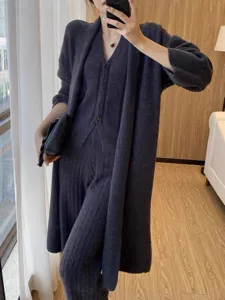 Moderne dames herfst winter gebreid driedelig set losse cardigan vest en broek outfit