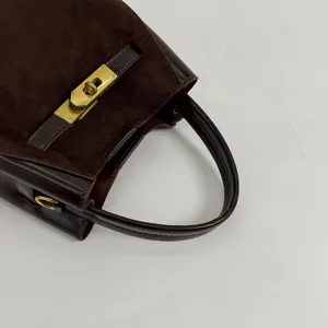 Luxury retro minimalist suede leather handbag with golden lock clasp, versatile elegant shoulder bag.