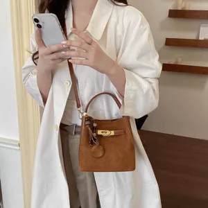 Vintage brown suede bucket bag with metal turn lock for women casual daily shoulder handbag