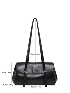 Black vintage oil wax leather baguette shoulder bag featuring stylish double buckle straps
