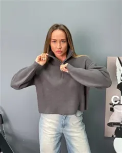 Pull en tricot ample à col montant et demi-zip pour femme loisir top moderne neuf