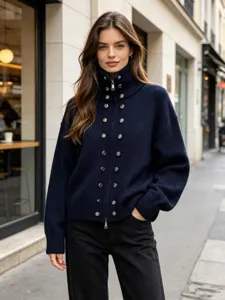 Women navy blue knit zip cardigan sweater featuring stylish metal buttons and high collar.