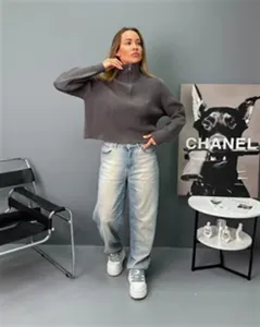 Femme pull en tricot ample col montant demi-zip decontracté manches longues haut mode