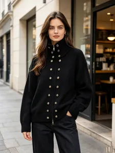 Black knitted cardigan featuring a high collar, zipper closure, and stylish gold button details.