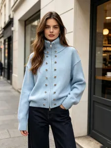 Light blue knit zip cardigan detail, high collar, double-breasted metal buttons fashion look.
