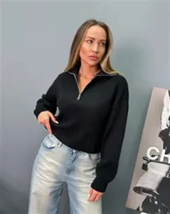 Pull en tricot ample pour femme avec col demi-zip haut élégant noir décontracté détail