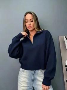 Pull en tricot côtelé demi-zip pour femme haut décontracté à manches longues bleu marine.