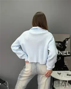 Pull-over en tricot ample à demi-zip décontracté pour femme, manches longues bleu clair.