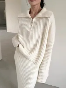 Cozy half-zip knit sweater and midi skirt two-piece set for women, casual autumn winter wear.
