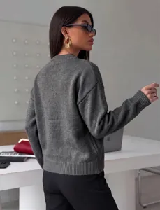 Damen grau rundhalsausschnitt langarm knit pullover top weich bequem alltag casual kleidung