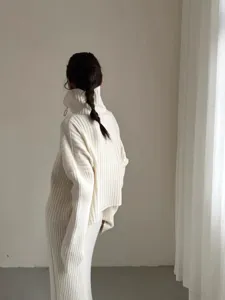 Detailed back view of casual ribbed knit sweater set, elegant high collar detail, cozy texture.