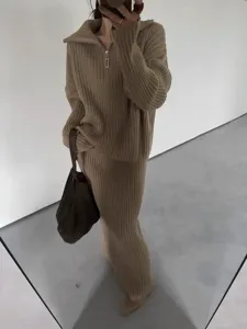 Casual half-zip lapel knitted sweater set for women, cozy autumn winter two-piece outfit.