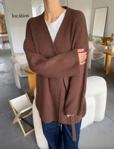 Dames bruine gebreide vest cardigan trui met riem V-hals casual lange mouwen chic