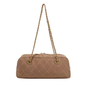Brown suede quilted shoulder bag with chain strap vintage retro style bowling bag chic