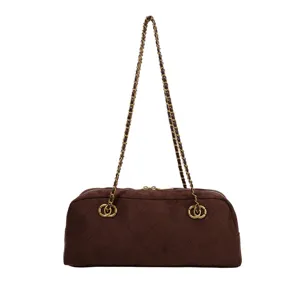Brown Suede Quilted Chain Shoulder Bag Vintage Bowling Baguette Bag For Women Daily
