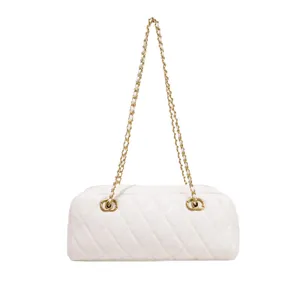 White quilted chain bowling bag vintage baguette shoulder crossbody bag elegant fashion style