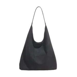 Minimalist black suede hobo bag for women, retro casual commuter shoulder handbag, chic style.
