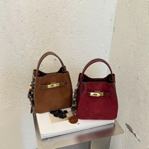 Vintage Suede Fabric Patchwork Bucket Bag For Women Fashion Crossbody Shoulder Bag With Metal Lock Elegant Handbag Daily Tote