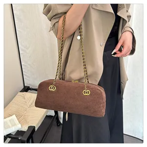 Brown suede quilted shoulder bag with chain strap vintage style elegant bowling bag for women.